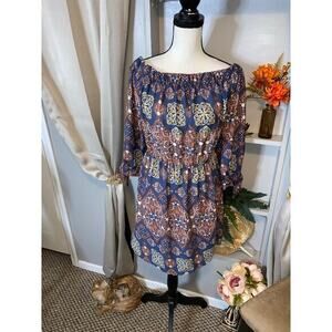 Hint of Blush Off Shoulder GUC size Large Blue Dress Bow Tie Sleeve with Elastic